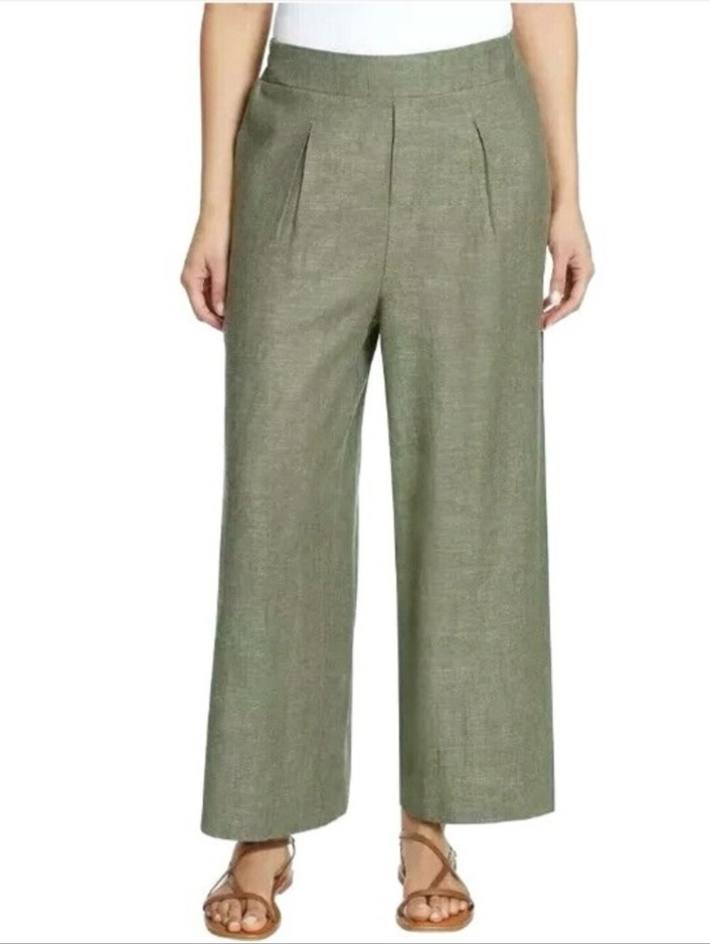 ELLA MOSS x ANTHROPOLOGIE Green Linen Blend Wide Leg Cropped Trousers Size XL